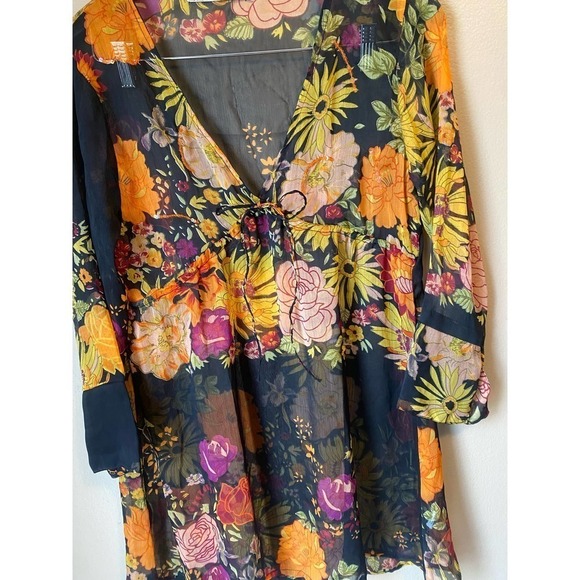 Vintage Y2K Boho Lemon Collection Floral Sheer Deep V Mini Dress Swim coverup - Picture 14 of 16